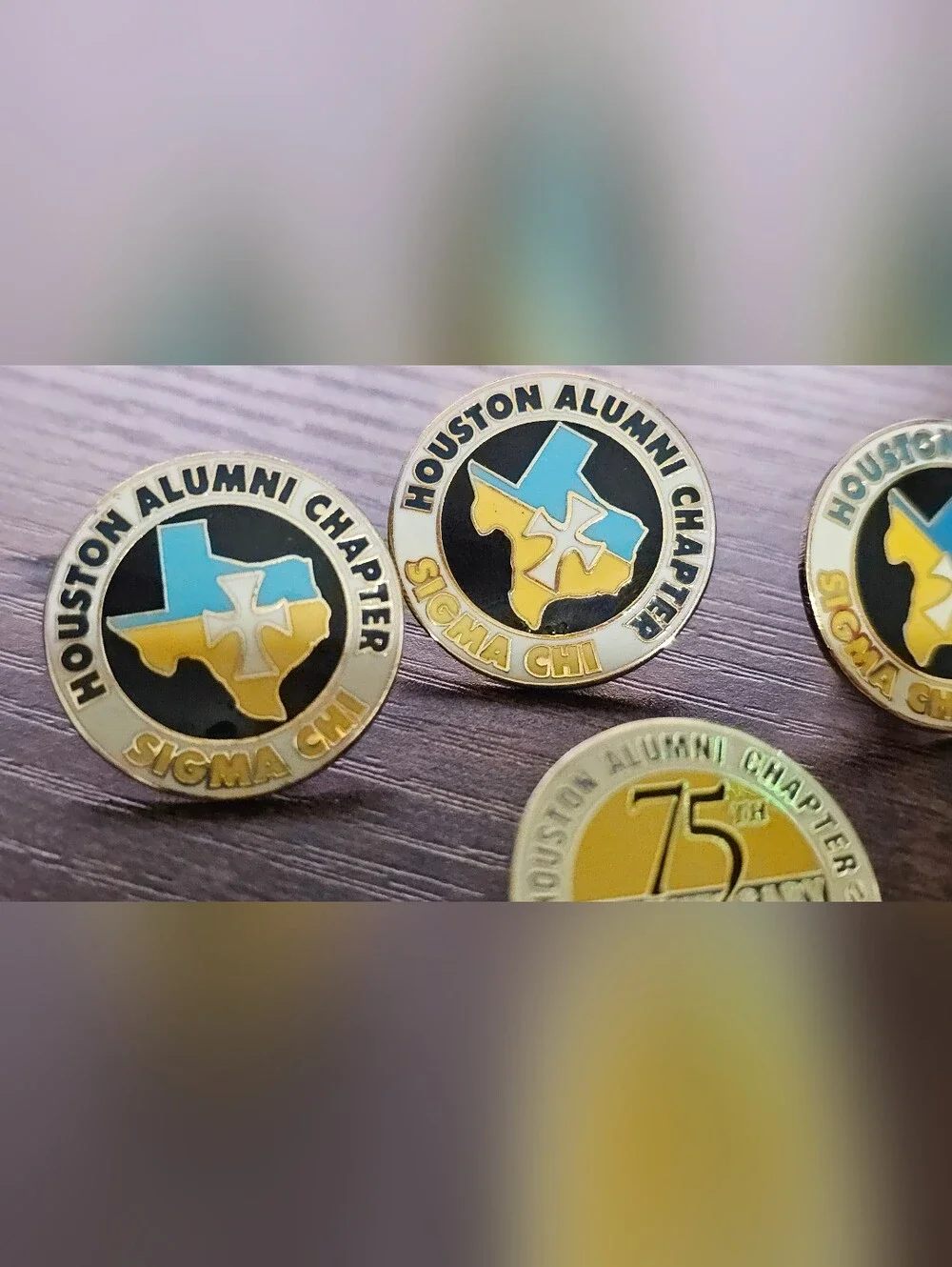 Houston Sigma Chi Alumni Chapter Gold & Blue Keychain and Pins Set